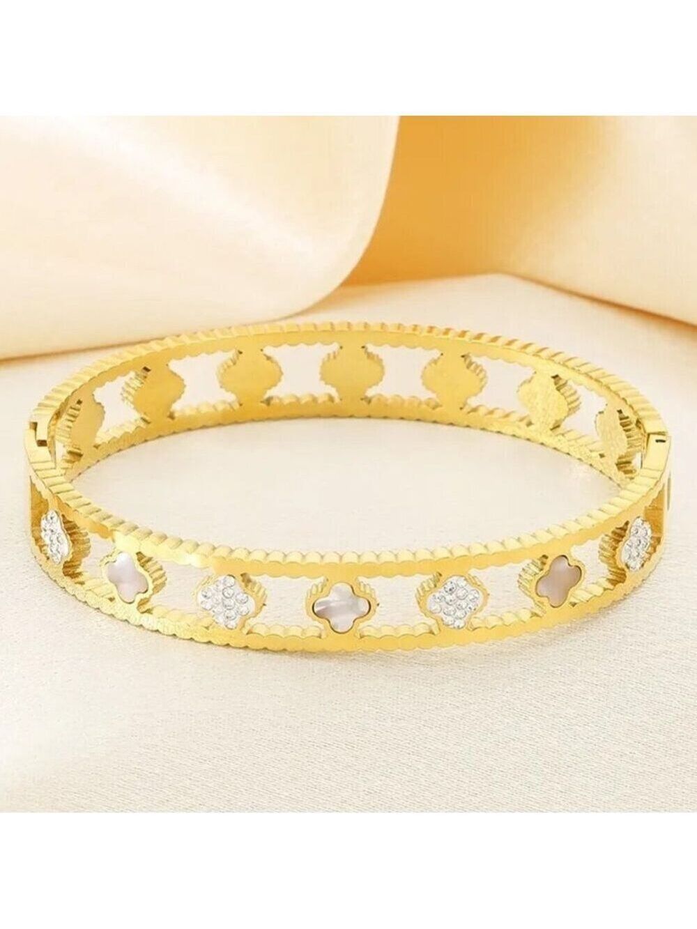 18k Gold Plated Stainless Steel Pearl White Clover Bangle Bracelet Zircon Inlay